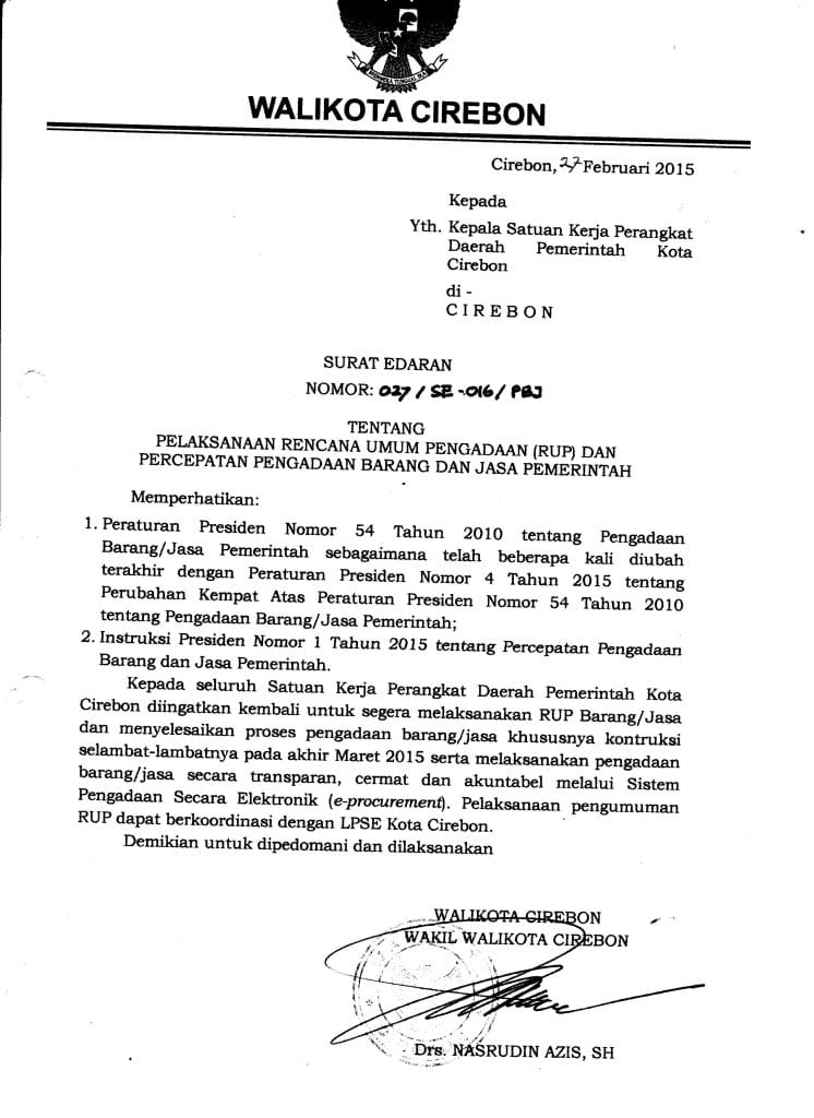 Surat Edaran Walikota Cirebon tentang Pelaksanaan RUP dan Percepatan Pengadaan Barjas